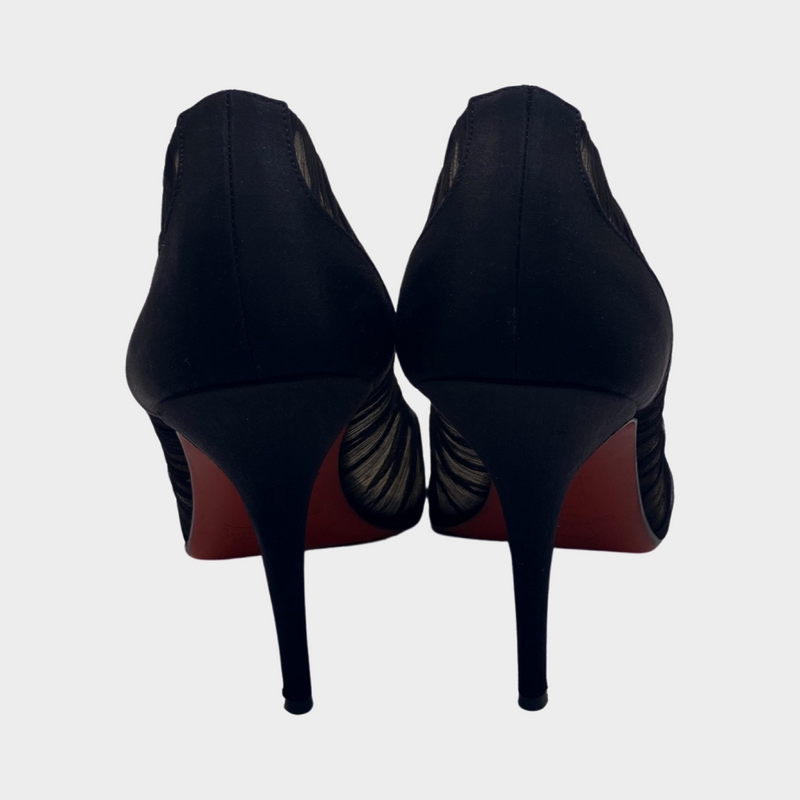 Christian Louboutin black ruched mesh open-toe satin heels