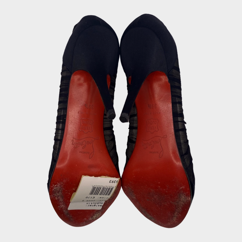 Christian Louboutin black ruched mesh open-toe satin heels