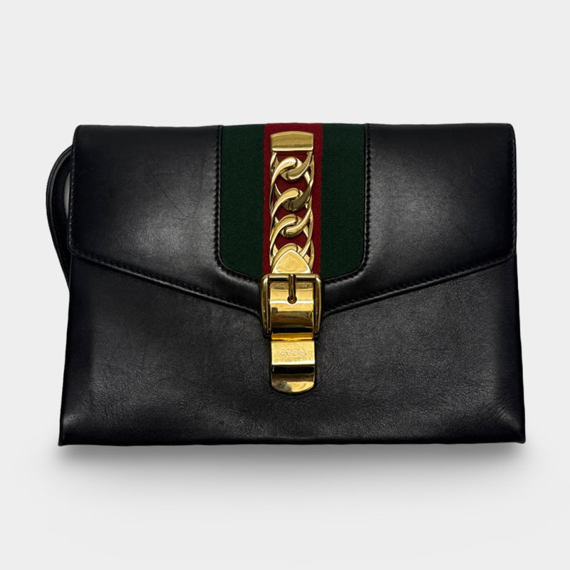 Gucci Women's Sylvie Black Leather Clutch with Gold Hardware
