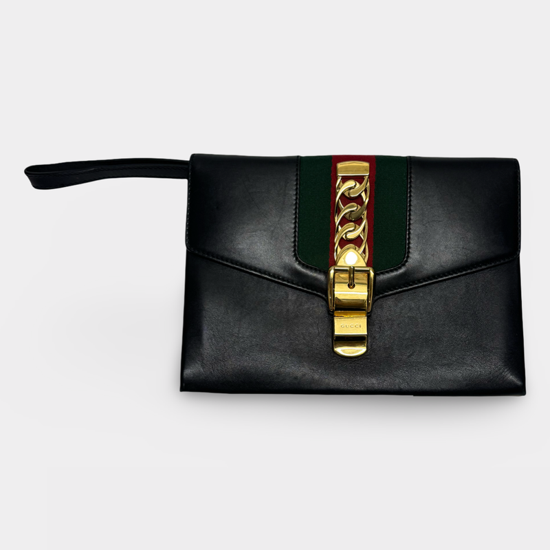 Gucci Women's Sylvie Black Leather Clutch with Gold Hardware