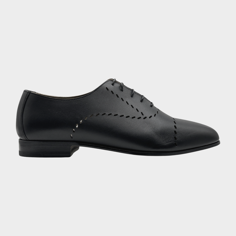 Hermes women's black leather laser cut loafers