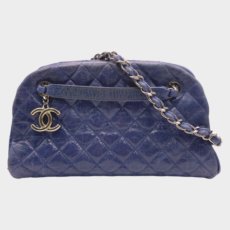 Chanel women's blue quilted leather moon-shaped vintage handbag