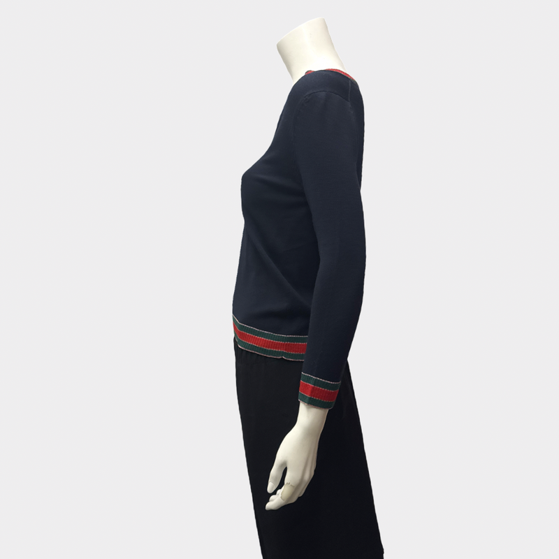 Gucci Women's Navy Blue V-Neck Wool Sweater With Red and Green Accents