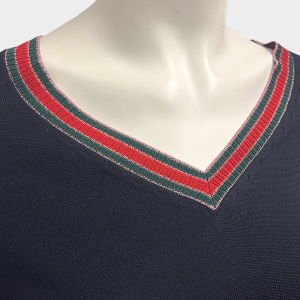 Gucci Women's Navy Blue V-Neck Wool Sweater With Red and Green Accents