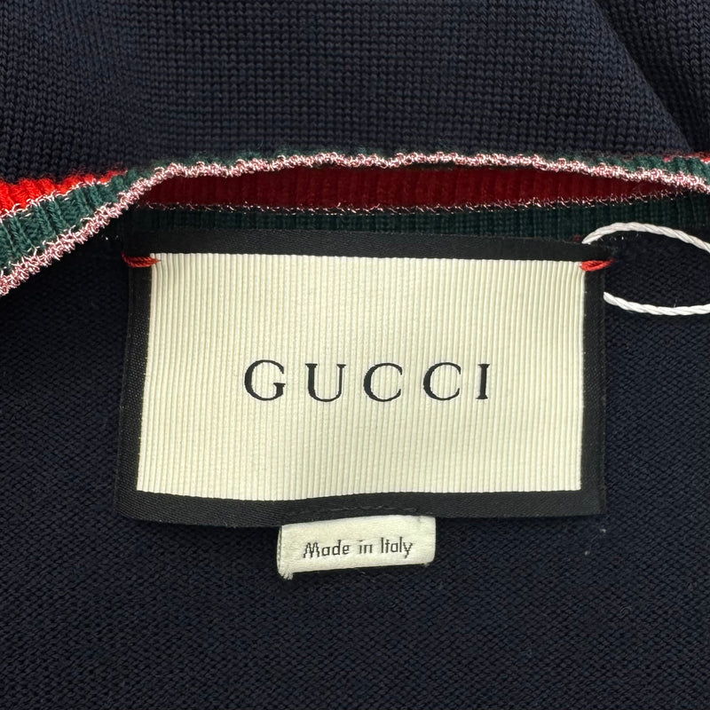 Gucci Women's Navy Blue V-Neck Wool Sweater With Red and Green Accents