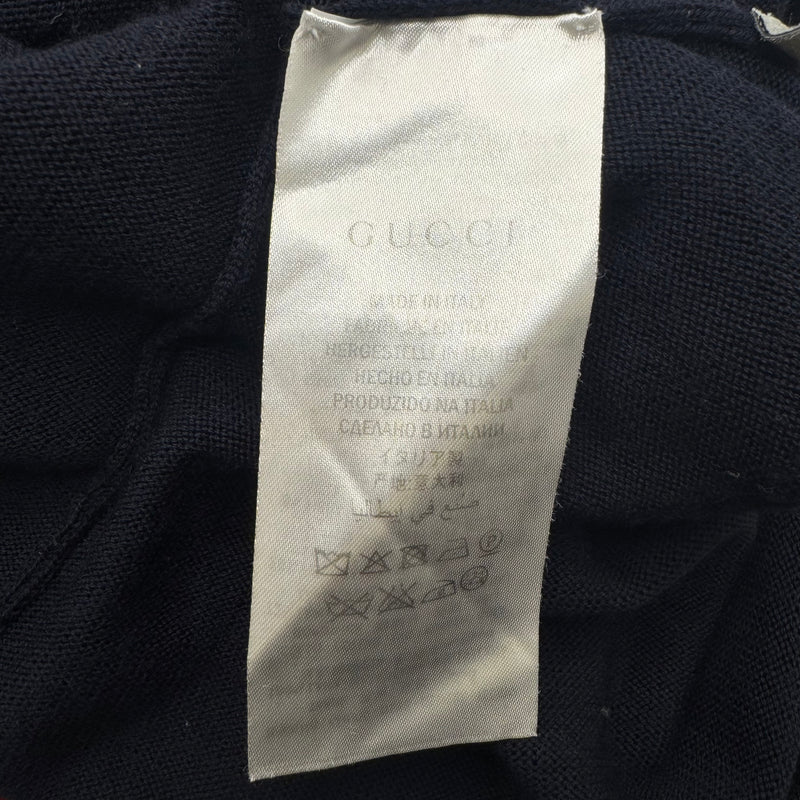 Gucci Women's Navy Blue V-Neck Wool Sweater With Red and Green Accents