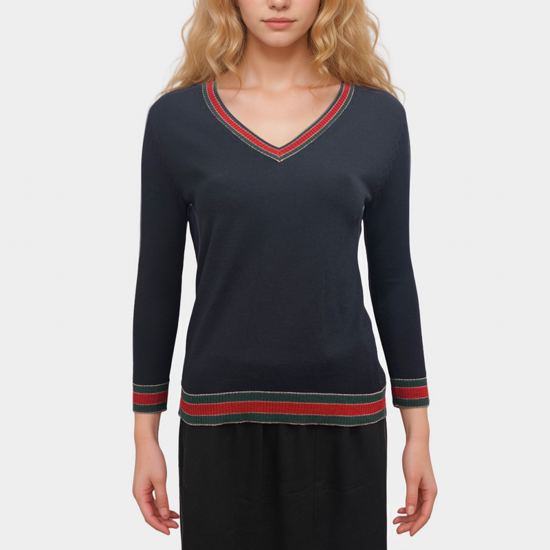 Gucci Women's Navy Blue V-Neck Wool Sweater With Red and Green Accents
