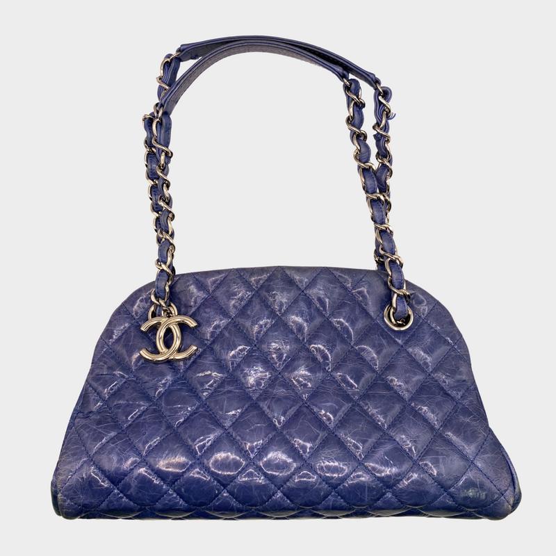 Chanel women's blue quilted leather moon-shaped vintage handbag