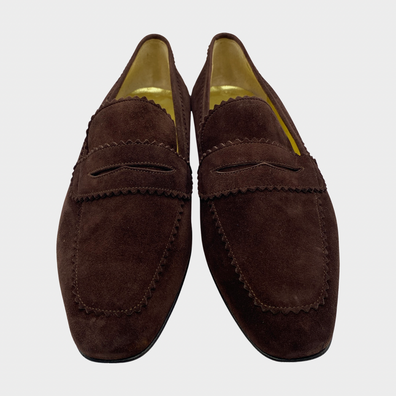 Ines de la Fressange women's chocolate brown suede loafers with laser cut trim
