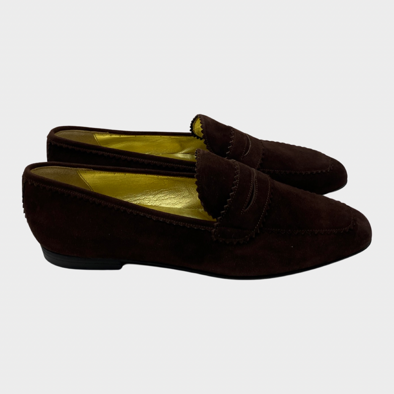 Ines de la Fressange women's chocolate brown suede loafers with laser cut trim