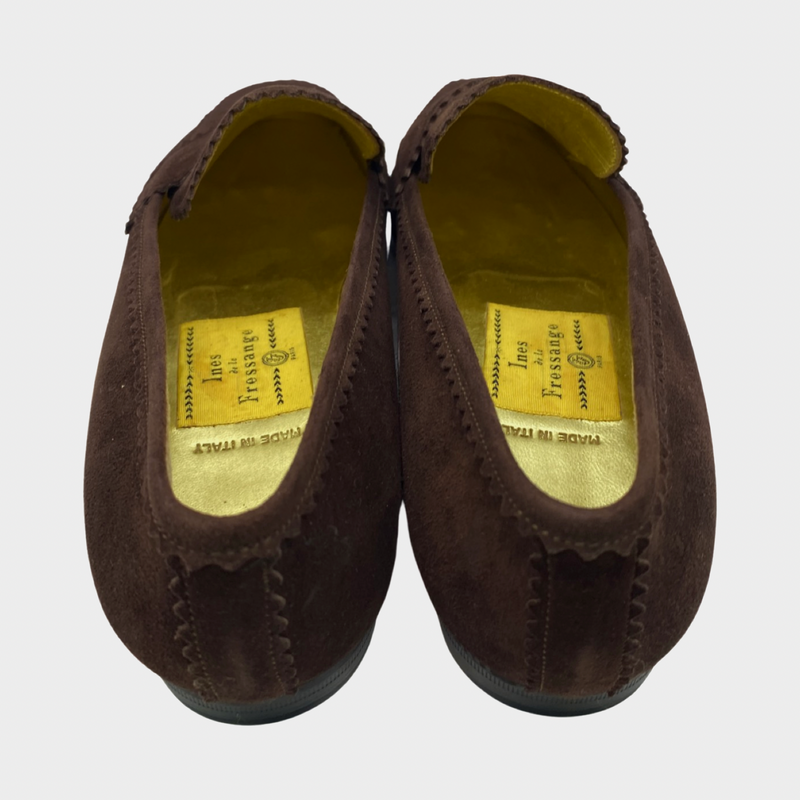 Ines de la Fressange women's chocolate brown suede loafers with laser cut trim