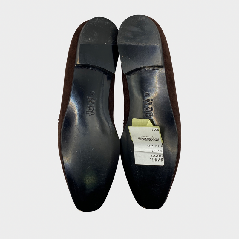Ines de la Fressange women's chocolate brown suede loafers with laser cut trim