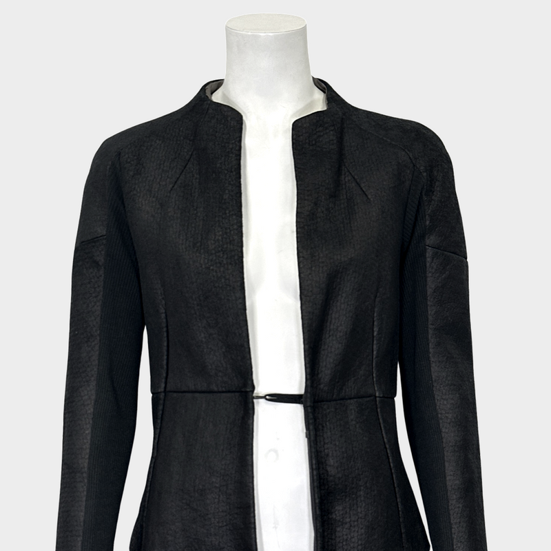 Alessandra Marchi women's black textured leather coat with ribbed cut-outs details on the sleeves