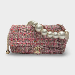 Chanel 2019 Pink Tweed Medium Pearl Handle Flap Bag