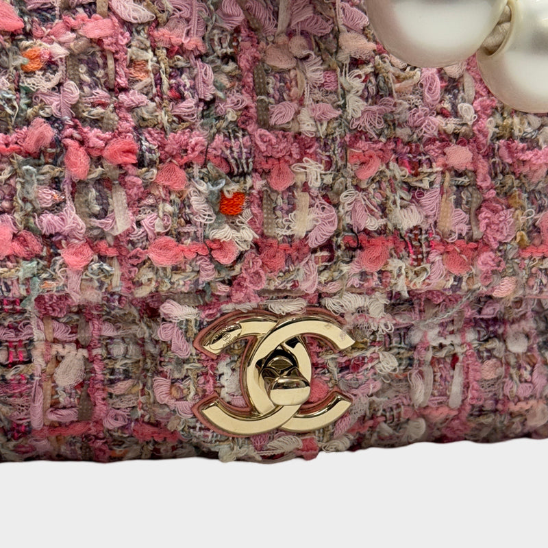 Chanel 2019 Pink Tweed Medium Pearl Handle Flap Bag