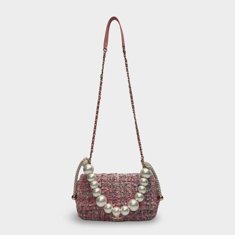 Chanel 2019 Pink Tweed Medium Pearl Handle Flap Bag