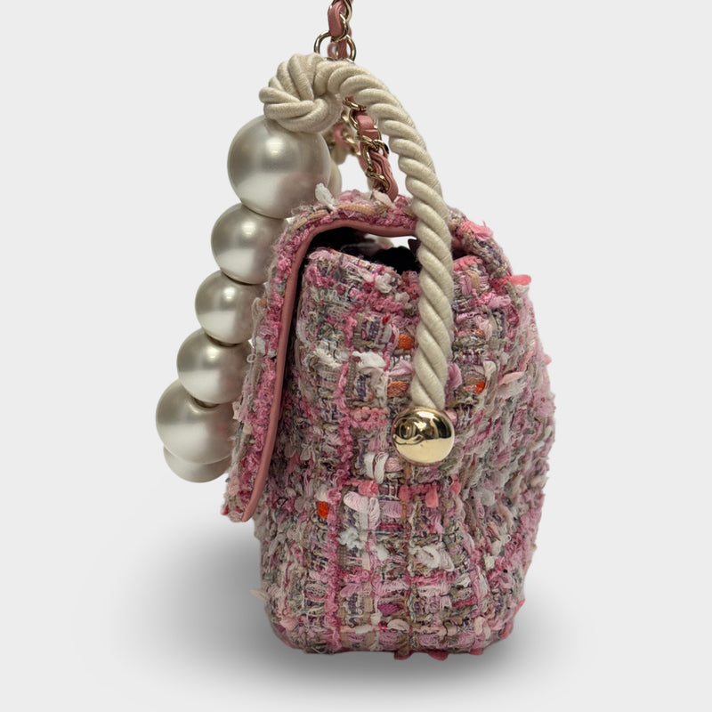 Chanel 2019 Pink Tweed Medium Pearl Handle Flap Bag