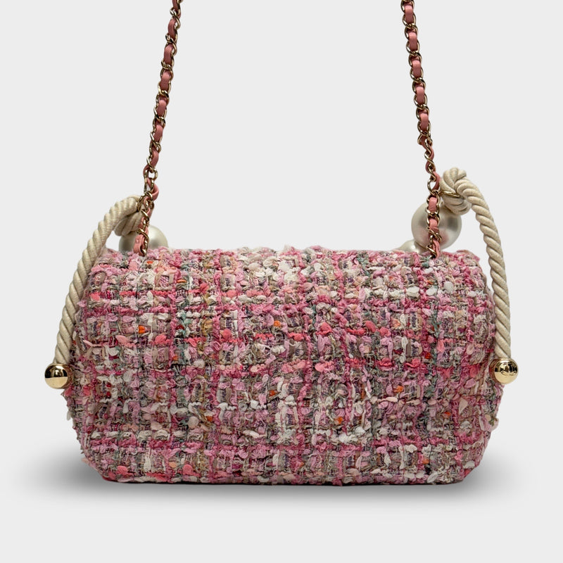 Chanel 2019 Pink Tweed Medium Pearl Handle Flap Bag