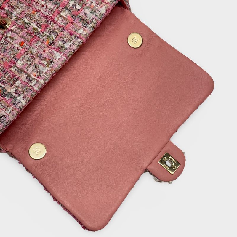 Chanel 2019 Pink Tweed Medium Pearl Handle Flap Bag