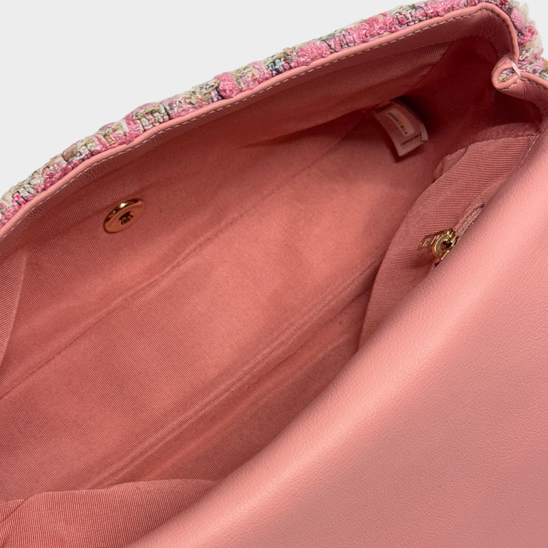 Chanel 2019 Pink Tweed Medium Pearl Handle Flap Bag