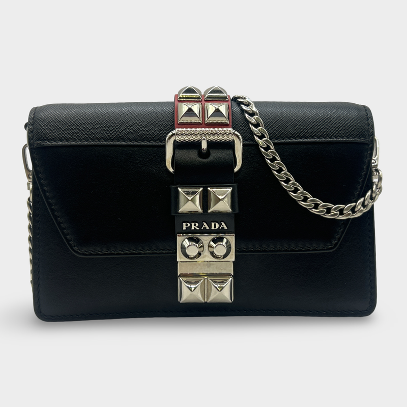 Prada Women's Black Leather Studded Elektra Wallet On Chain
