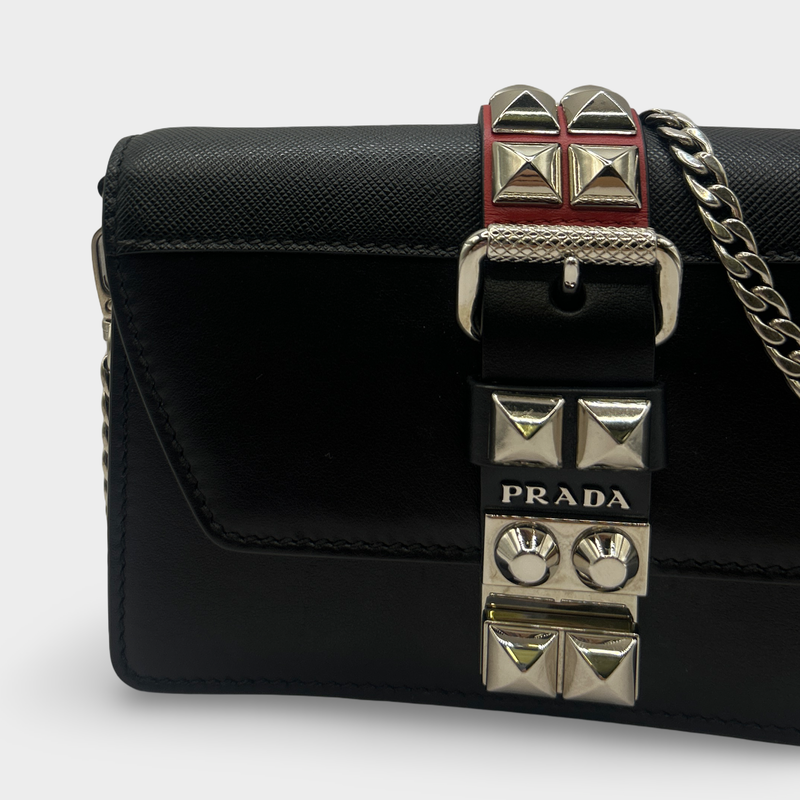 Prada Women's Black Leather Studded Elektra Wallet On Chain