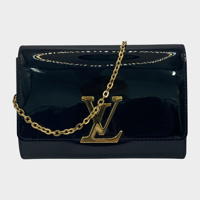 Louis Vuitton women's black patent leather small bag on a chain