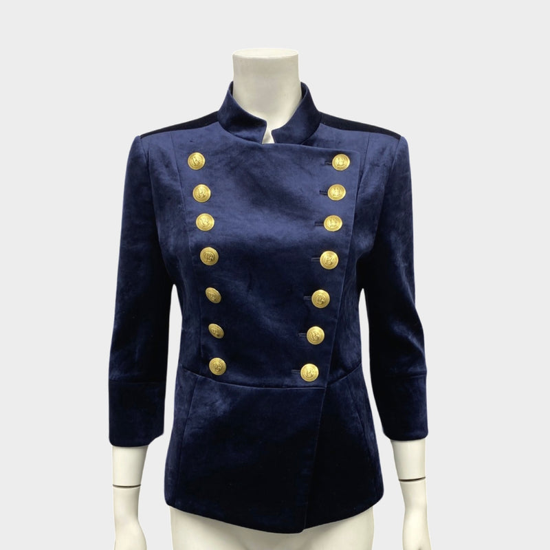 Pierre Balmain women's navy velvet double breasted blazer with gold buttons