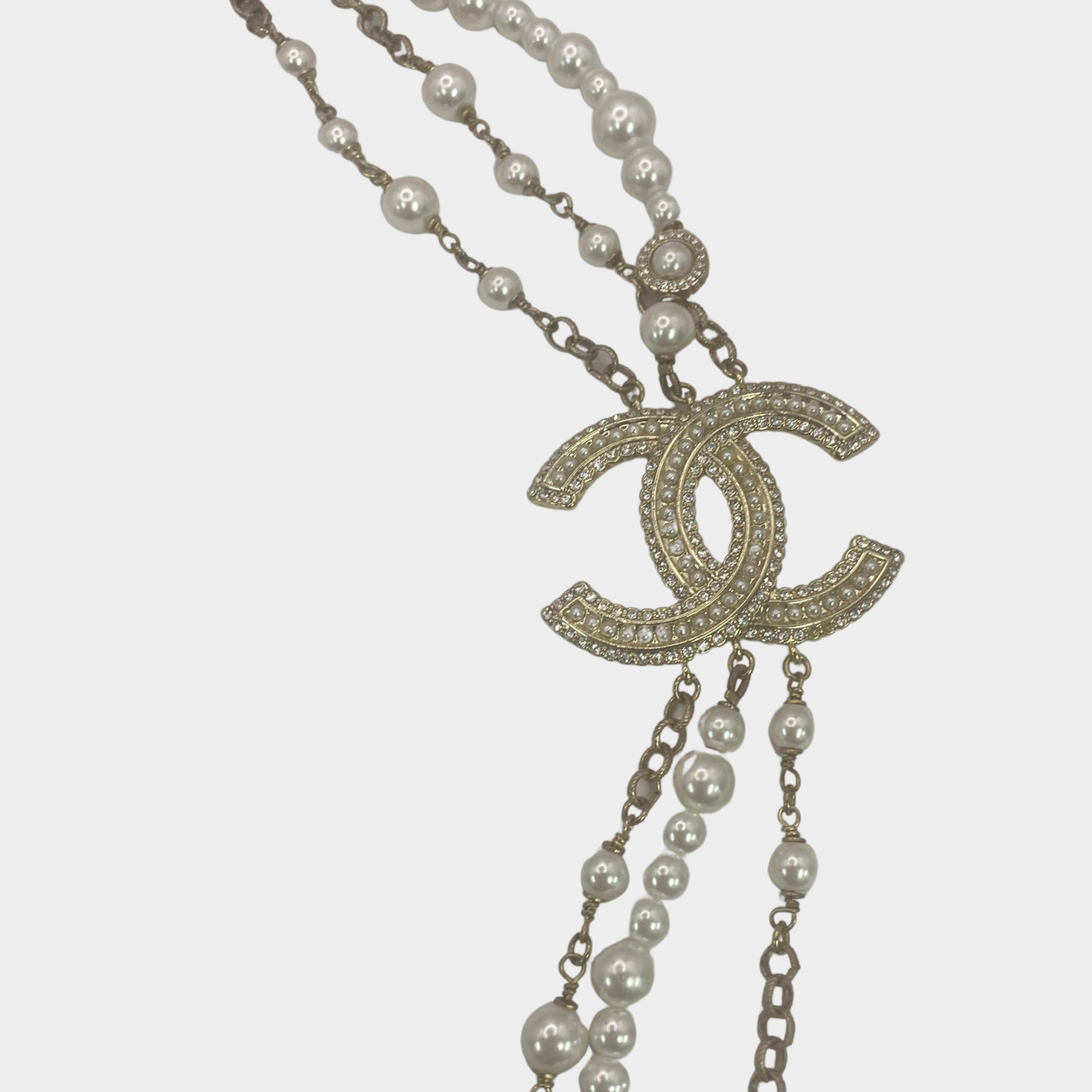 Chanel women's triple layer gold pearl necklace with diamante CC logo –  Loop Generation