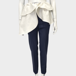 Jacquemus women's navy pinstripe wool trousers with ecru peplum detail