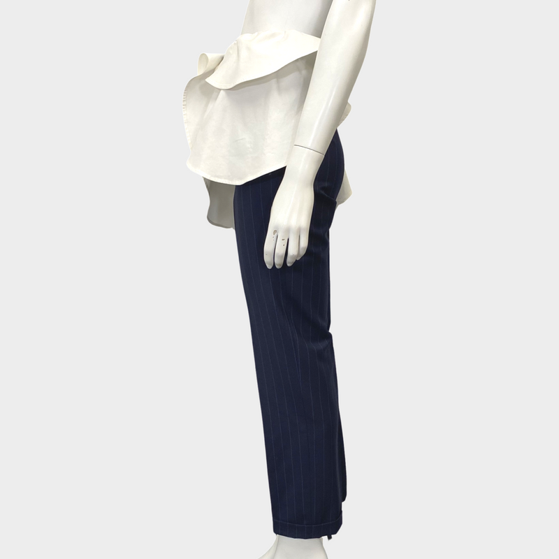 Jacquemus women's navy pinstripe wool trousers with ecru peplum detail