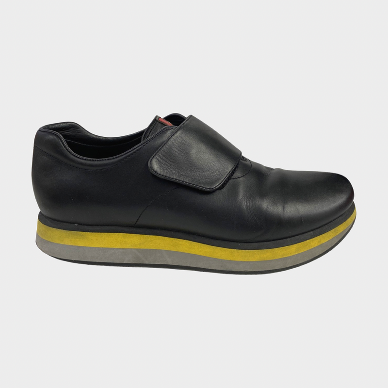 Prada men's black platform sneakers with velcro strap