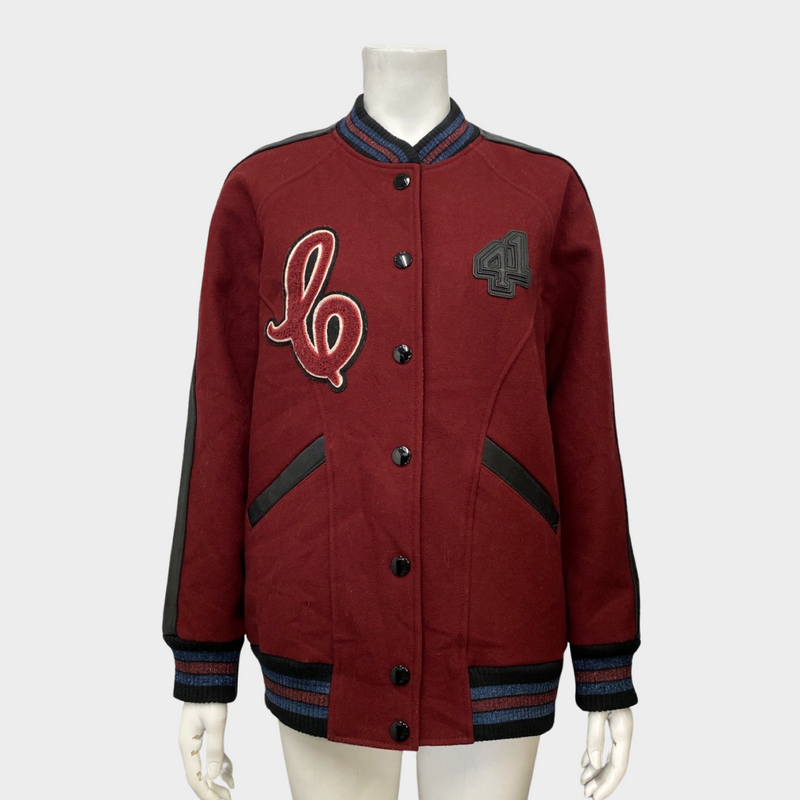 Coach women's burgundy and black, wool and leather bomber jacket