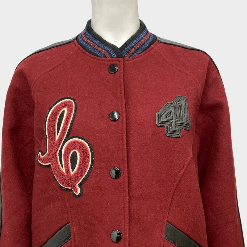 Coach women's burgundy and black, wool and leather bomber jacket