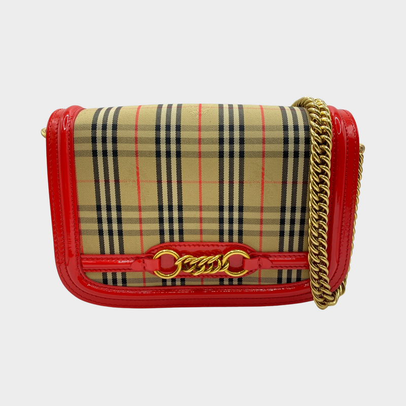 Burberry The link S Vintage check canvas and red patent leather bag on a chain