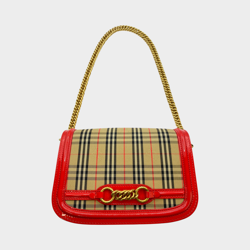 Burberry The link S Vintage check canvas and red patent leather bag on a chain
