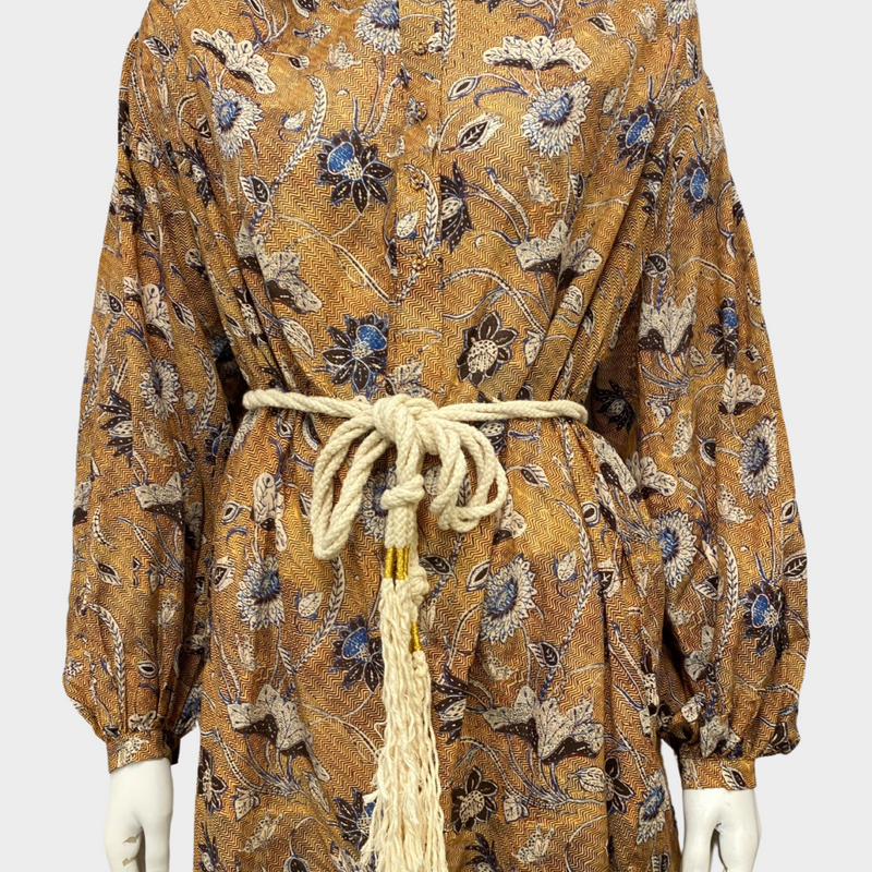 Ulla Johnson camel and navy floral print cotton and viscose belted dress
