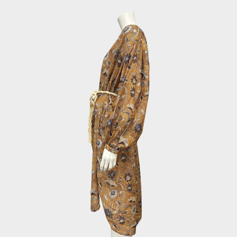 Ulla Johnson camel and navy floral print cotton and viscose belted dress