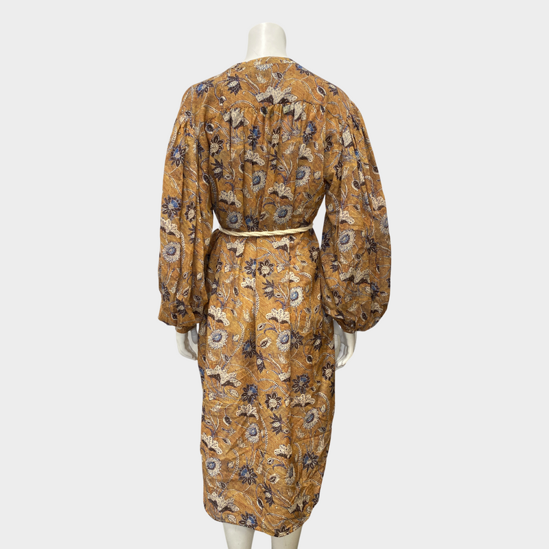 Ulla Johnson camel and navy floral print cotton and viscose belted dress