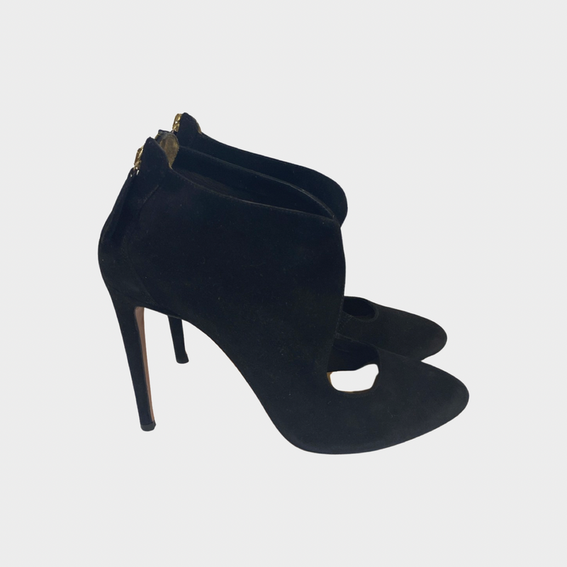 Aquazzura women's black suede cutout ankle boots with back zipper