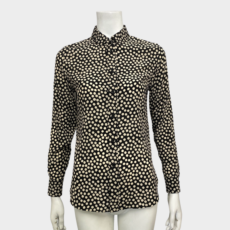 Saint Laurent women's black and white polka dot silk blouse