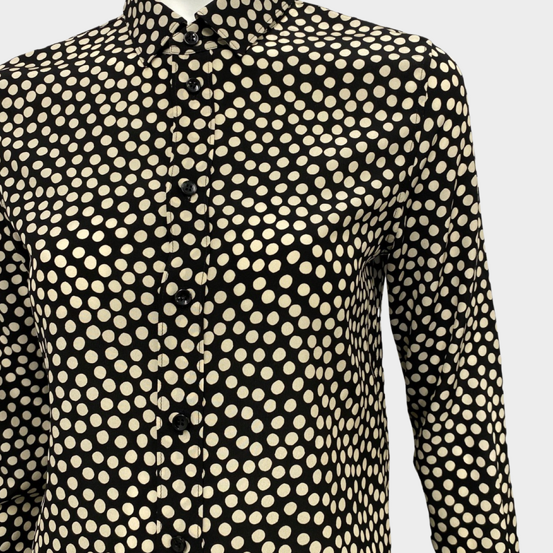 Saint Laurent women's black and white polka dot silk blouse