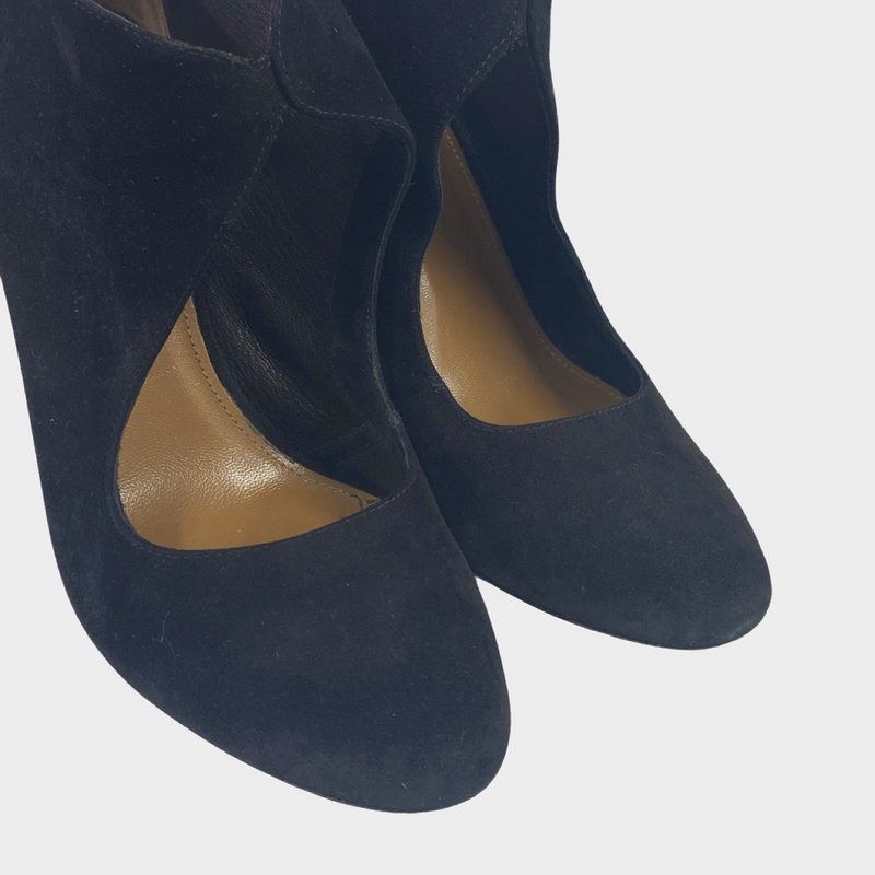 Aquazzura women's black suede cutout ankle boots with back zipper