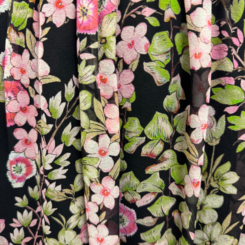 Giambattista Valli Black Silk Dress with Pink and Green Floral Pattern