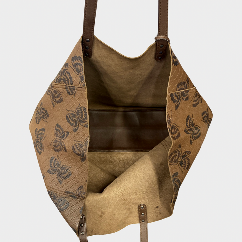 Bottega Veneta women's brown butterfly theme intrecciato weave leather tote bag