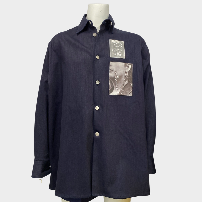 Raf Simons men's navy cotton oversized shirt with silver and photo patches