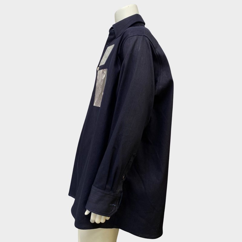 Raf Simons men's navy cotton oversized shirt with silver and photo patches