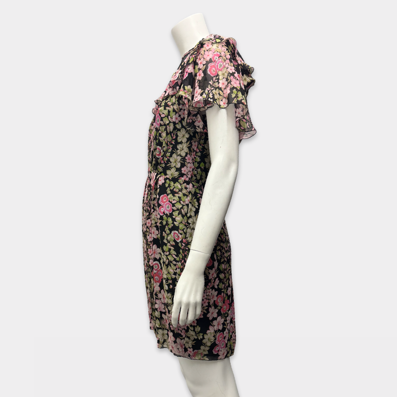 Giambattista Valli Black Silk Dress with Pink and Green Floral Pattern