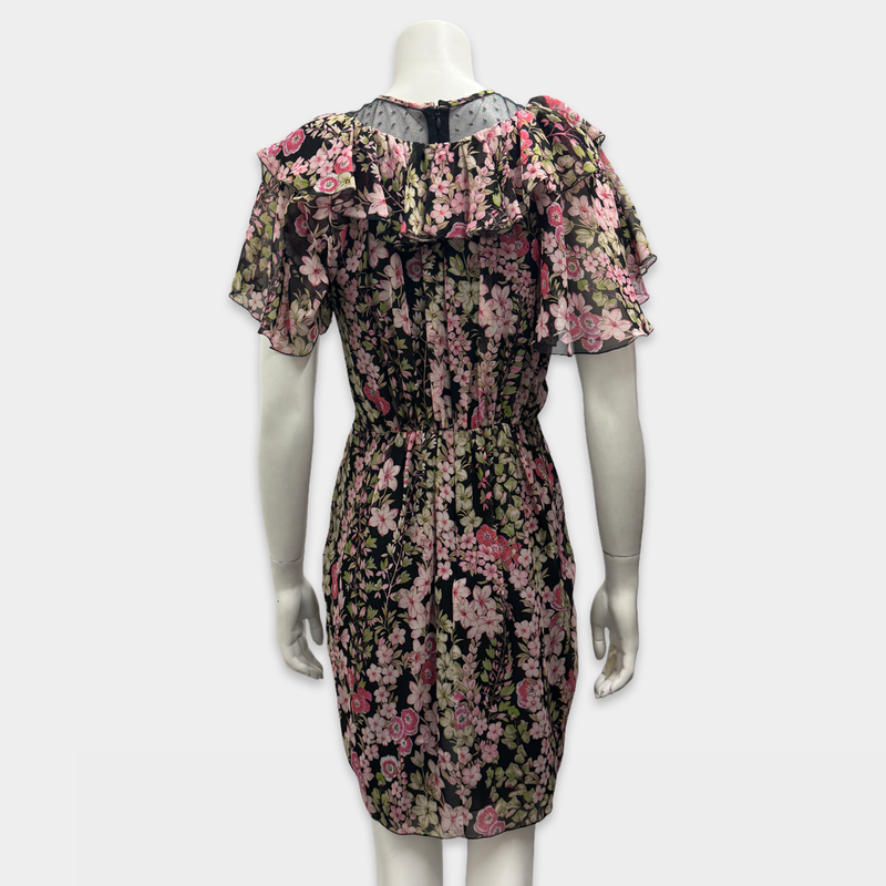 Giambattista Valli Black Silk Dress with Pink and Green Floral Pattern