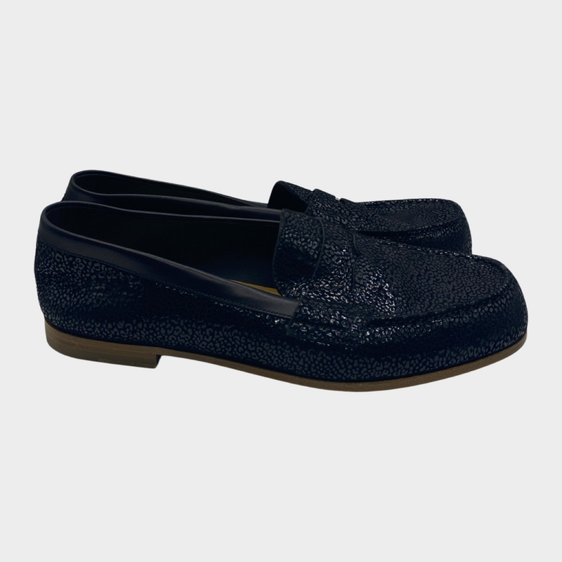 J.M. Weston women's black shiny animal print suede loafers